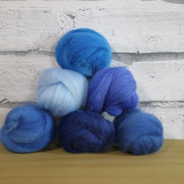 Laine Wooly Buns itinérante dans l'assortiment Bluebirds, fibre teinte à la main 6 pièces, fournitures de feutrage à l'aiguille, ombre de 1,5 oz, dessus en laine graduée