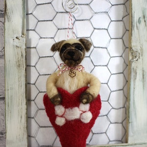 Needle felted pug puppy ornament, pup in wool heart, heart ornament, Pet Pocket ornament by Curly Furr, custom dog ornament, ready to mail image 5