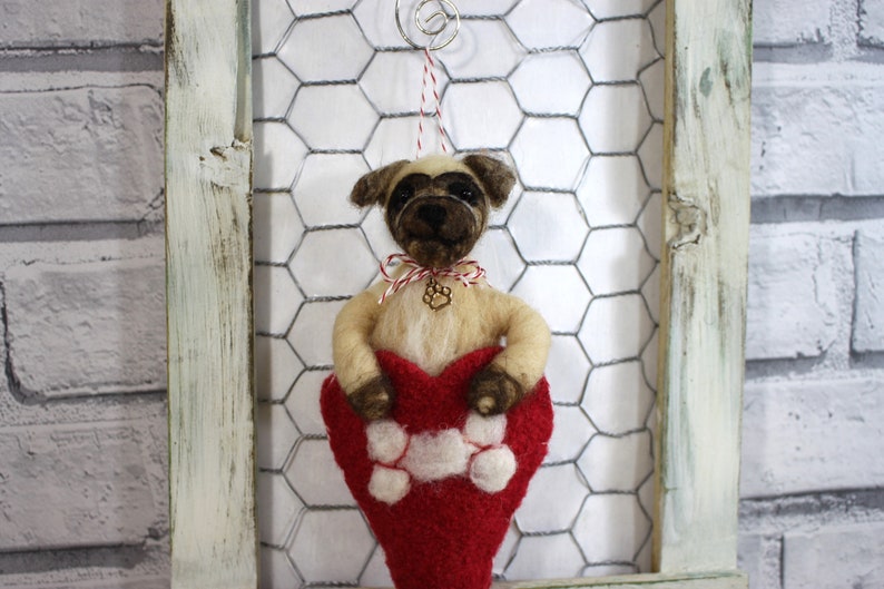 Needle felted pug puppy ornament, pup in wool heart, heart ornament, Pet Pocket ornament by Curly Furr, custom dog ornament, ready to mail image 5