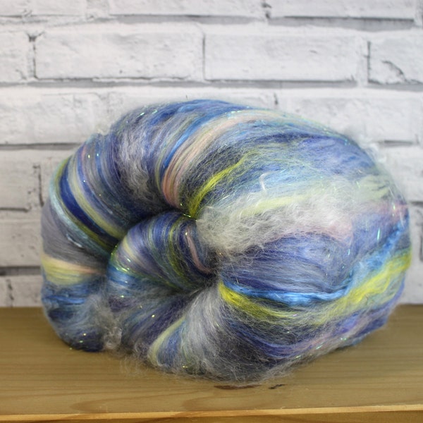 Art batt in Here Comes the Sun, for spinning, carded batt, 2 oz needle felting fiber, spinning supplies, blue merino BFL spinning wool