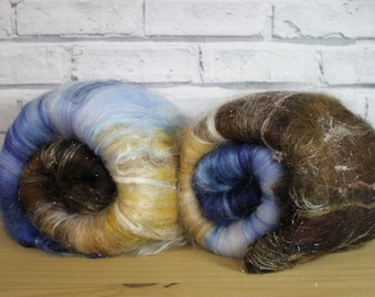 Art Batt in Sand and Sea, drum carded felting fibers, nuno felting merino wool roving batt, felting fibers, batt for spinning, blue and gold