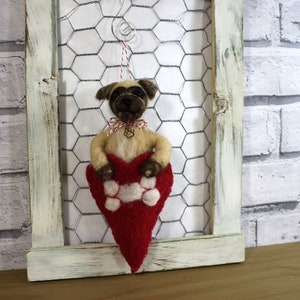 Needle felted pug puppy ornament, pup in wool heart, heart ornament, Pet Pocket ornament by Curly Furr, custom dog ornament, ready to mail image 4