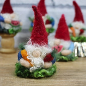Needle felted Garden Gnome, miniature felted figure, gnome needle felted gnome with vegetables, summer fun and Ready to mail for Christmas