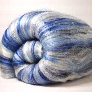 Art batt in Bright Skies for spinning, carded batt, 2 oz needle felting fiber, merino spinning supplies, blue BFL and Merino spinning wool