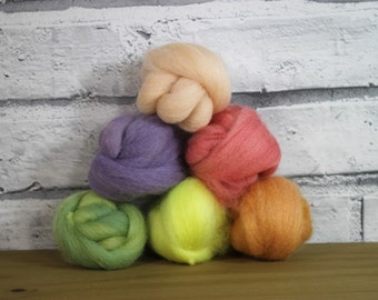 Wooly Buns in Spring Blush, wool roving assortment, 6 piece hand dyed sampler, needle felting supplies, 1.5 oz, spring floral shades