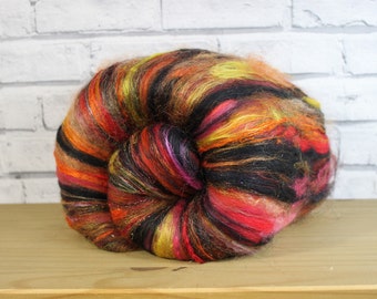 Art batts for spinning in Hot Stuff, red, black carded merino, silk fibers, needle felting supplies, spin your own DIY fiber yarn, nuno felt