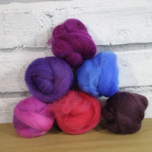 Wooly Buns wool roving assortment in Mixed Berries, 6 piece hand dyed fiber, needle felting supplies, 1.5 oz pink purple and plum