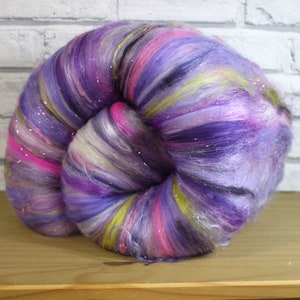 Carded art batt in Spring Pansy for spinning and needle felting, wet felting supplies, spin your own merino yarn, BFL, fine merino wool top