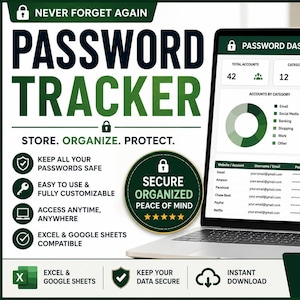 May include: A digital password tracker template displayed on a laptop screen, featuring a dashboard with account statistics, a donut chart, and a detailed password list. The interface includes text labels like Password Dashboard, Store, Organize, Protect.
