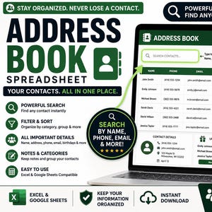May include: A digital address book spreadsheet displayed on a laptop screen, featuring columns for name, phone, email, address, birthday, category, and notes. The interface includes search bars, contact counts, and quick filters for organizing data.