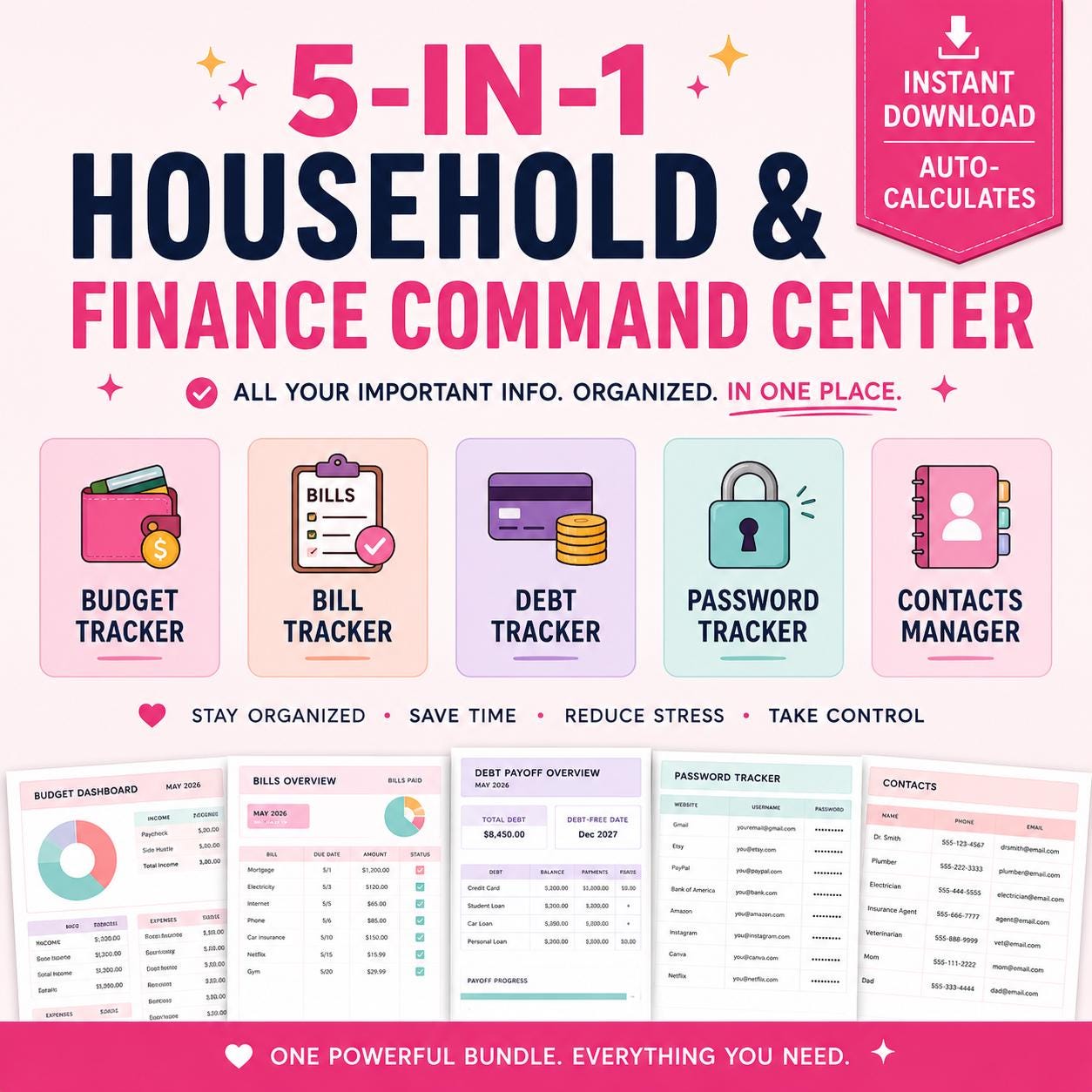 Ultimate Household Planner Bill Tracker, Debt Payoff, Annual Budget Dashboard, Password Log, Address Book Google Sheets Excel Template