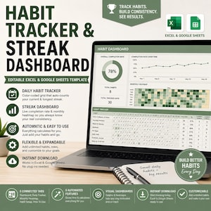 Kalkylblad för vanespårning | Daglig vane- och streckspårare, instrumentpanel för målutveckling, rutinplanerare | Excel Google Sheets-mall