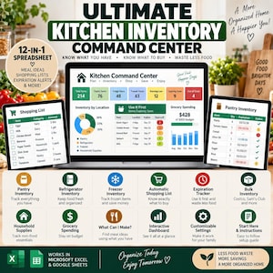 May include: A digital 12-in-1 kitchen inventory command center spreadsheet displayed on a laptop and two tablets. The interface features charts, tables for pantry and shopping lists, and tracking tools for expiration dates, grocery spending, and food items.