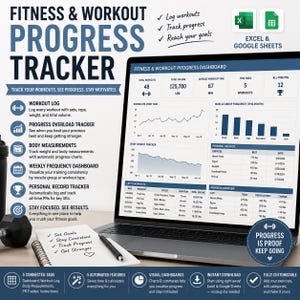 May include: A digital fitness and workout progress tracker displayed on a laptop screen, featuring data dashboards, charts, and tables for tracking workouts, body measurements, and personal records in Excel and Google Sheets formats.