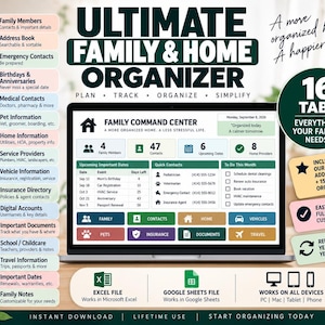 Kalkylblad för den ultimata familjeorganisatorn | Hemkommandocentral | Adressbok, nödkontakter, viktiga datum | Excel Google Sheets