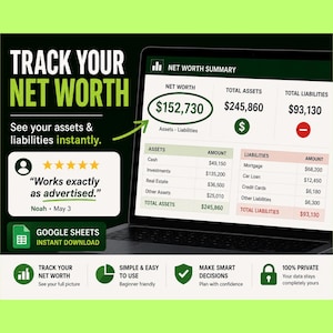 May include: A digital financial dashboard on a laptop screen displays a net worth summary with assets, liabilities, and a total net worth of $152,730. The graphic includes the text "Track Your Net Worth" and a Google Sheets download option.