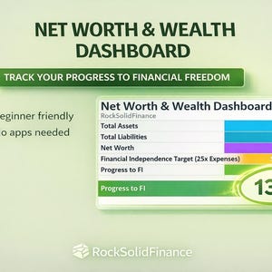 May include: A digital dashboard titled "Net Worth & Wealth Dashboard" with the text "Track Your Progress to Financial Freedom." The dashboard displays financial data, including total assets, liabilities, and net worth. The image also states that it is beginner friendly and no apps are needed.