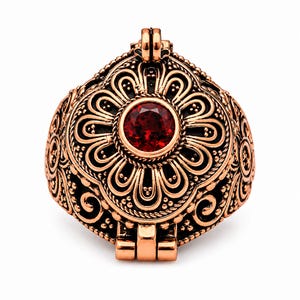 Flower Shape Copper Poison Ring Secret Compartment Ruby Gothic Bali Filigree Vintage Artisan Handmade Statement Unisex Poisoner Jewellery