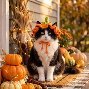 May include: A black and white cat wearing a crocheted orange pumpkin hat with a green stem and a matching tie. The hat features a ruffled brim and a chin strap with two small dangling orange pom-poms, framing the cat's face.