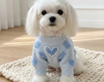 Pearl Heart Dog Sweater, Baby Blue Fuzzy Knit Puppy Jumper, Warm Winter Small Dog Clothes, Chihuahua Yorkie Maltese Cat Sweater, Pet Gift