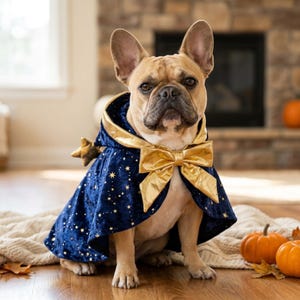 May include: A fawn French Bulldog wearing a dark blue velvet cape featuring a gold star pattern. The cape has a metallic gold hood lining, a large metallic gold bow at the neck, and a small gold star attached to the back of the hood.