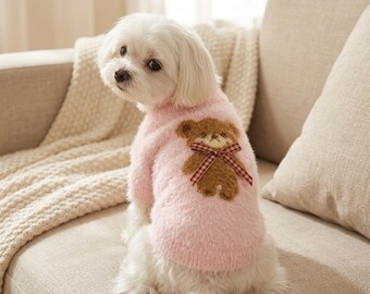 Fluffy Knit Dog Sweater, Teddy Bear with Gingham Bow, Winter Pet Top