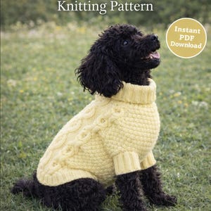 May include: A black dog wearing a yellow cable knit sweater, sitting on green grass. The sweater has a turtleneck and cable detailing. Text on the image reads "Cable Dog Sweater Knitting Pattern" and "Instant PDF Download". The pattern is for sizes XS-XL.
