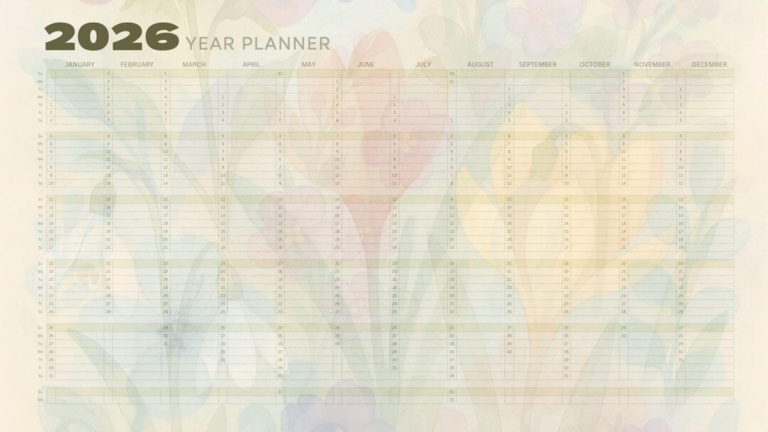 2026 Jahreskalender / Jahresplaner mit Blumen in Pastellfarben