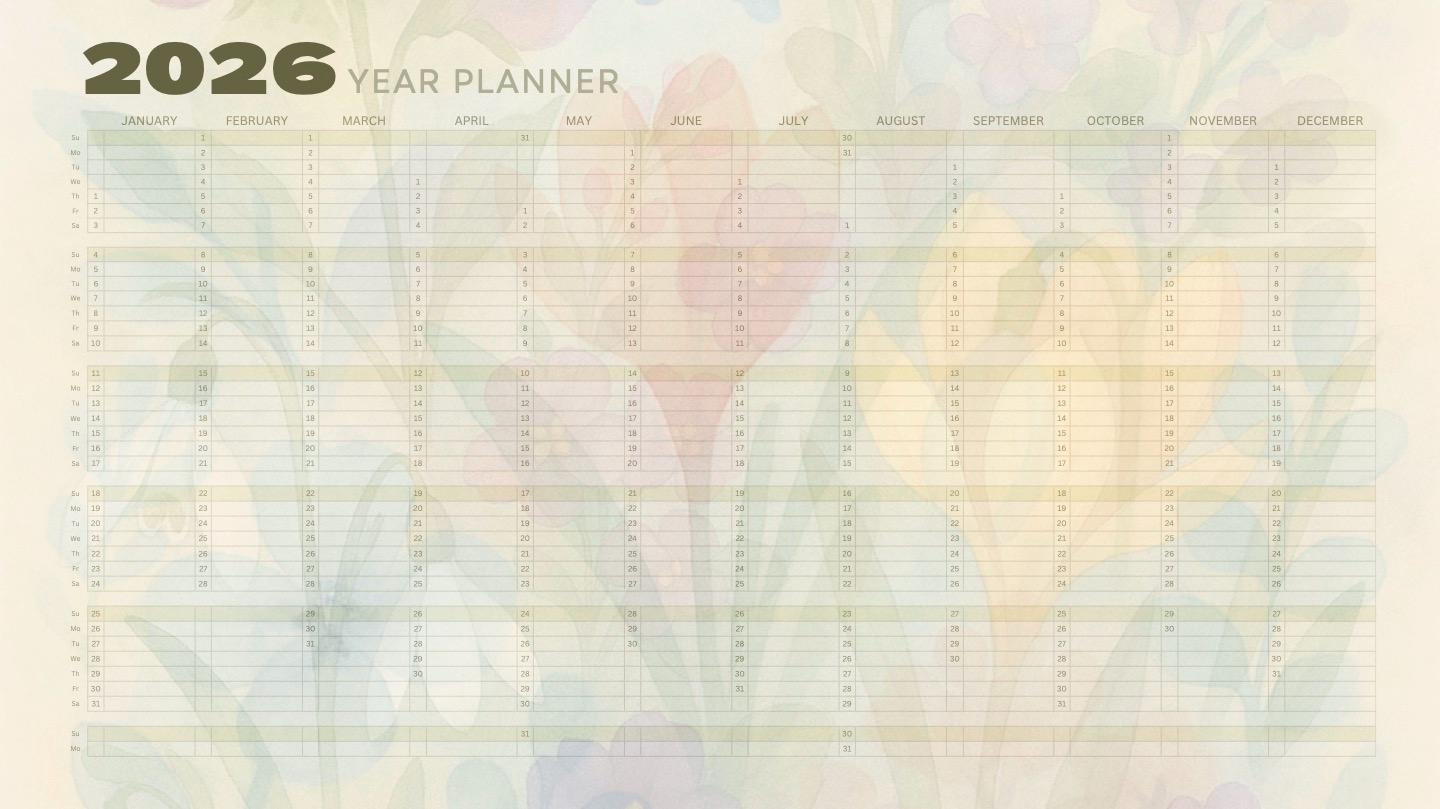 2026 Jahreskalender / Jahresplaner Mit Blumen in Pastellfarben