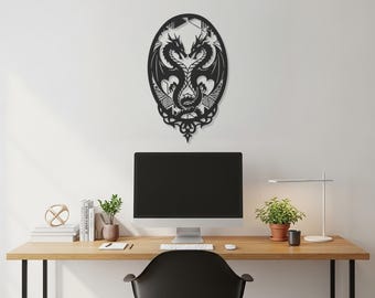 Arte de parede com dois dragões, decoração de metal fantástica, silhueta de dragão gótico, detalhe de parede inspirado na mitologia medieval, arte para sala de jogos ou escritório com estilo sombrio, decoração em metal.