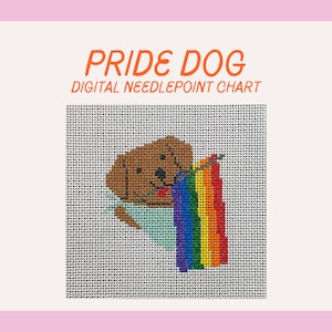 May include: A digital needlepoint chart titled PRIDE DOG featuring a brown dog with a light blue bandana holding a vertical rainbow-colored flag in its mouth. The design is displayed on a white grid background with orange text at the top.