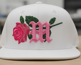 M Rose Embroidered Baseball Cap, 3D Puff Floral Hat (Digital Embroidery File)