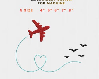 Stickmuster „Reiseflugzeug“, fliegendes Flugzeug mit Herz und Vögeln (Maschinendatei)