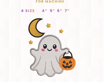 Gruselig-niedliches Geister-Stickmuster, Halloween-Kürbiskorb-Maschinenstickerei, Mond-Sterne-Stickdatei