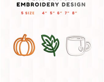 Herbstliches Stickset mit Flachstichen: Kürbis, Blatt, Kaffeetasse (Digitaler Download)