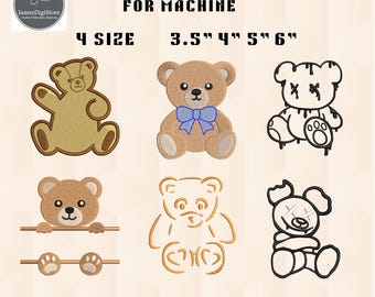 Teddy Bear Embroidery Bundle Designs, Set Mini 6 Cute Bears with Gifts Embroidery Design, Holiday Bear Embroidery Pattern, 4 Sizes