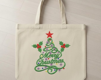 Stickmuster „Frohe Weihnachten“ mit Weihnachtsbaum, Festtagsdekoration (Sofort-Download)