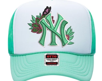3D Puff NY Embroidery Design with Floral Butterfly – Raised Monogram Cap Logo Digitized File