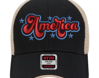 3D Puff America Embroidery Design with Stars – Bold Script USA Patriotic Cap Logo