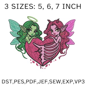 Könnte beinhalten: Ein gesticktes Design mit zwei feenartigen Figuren mit grünen und rosa Haaren, Flügeln und einem herzförmigen Design. Der Text "3 GRÖSSEN: 12,7, 15,2, 17,8 cm" steht oben. Der Text unten enthält "DST, PES, PDF, JEF, SEW, EXP, VP3".