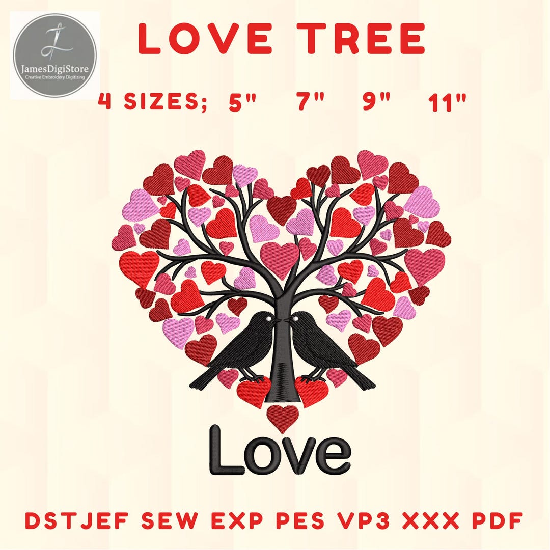 Love Tree Embroidery Design, Heart Tree Valentine Love Birds, Machine ...