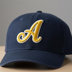 Puede incluir: Gorra de béisbol azul marino con una letra "A" bordada en amarillo y blanco en la parte delantera. La gorra tiene una visera curva y un botón en la parte superior. El sombrero está hecho de tela resistente.