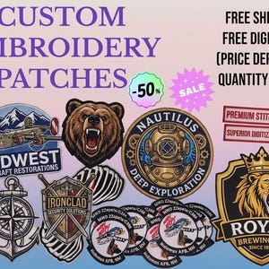 Puede incluir: Una colección de parches bordados personalizados con varios diseños, incluyendo un oso, un casco de buceo y un león. La imagen también incluye texto que dice "Custom Embroidery Patches", "Midwest Aircraft Restorations" y "Royal Brewing Co."