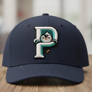 Puede incluir: Gorra de béisbol azul marino con la letra "P" blanca y un diseño de pingüino. El pingüino tiene un esquema de color turquesa y blanco. La gorra tiene una visera curva y un botón en la parte superior.