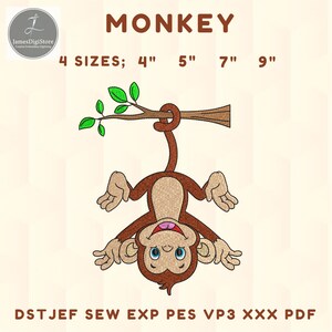 Puede incluir: Un mono de dibujos animados marrón colgado boca abajo de una rama de árbol con hojas verdes. La palabra "MONKEY" está encima del mono. La imagen también incluye el texto "4 TAMAÑOS; 4" 5" 7" 9"" y "DSTJEF SEW EXP PES VP3 XXX PDF".