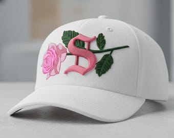 Pink Rose Letter S 3D Puff Embroidery Design for Cap (Digital File)