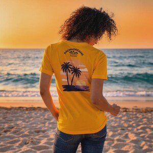 Mallorca Retro Sunset T Shirt Orange – Palm Tree Back Print – Mediterranean Summer Unisex Tee
