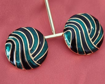 boucles d'oreilles vintage ronde ,émaillés vert et noir,design ondulé doré