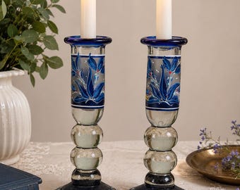 Pair of vintage blue glass candlesticks, hand-decorated – Handmade decorative candlesticks – Boho/romantic style