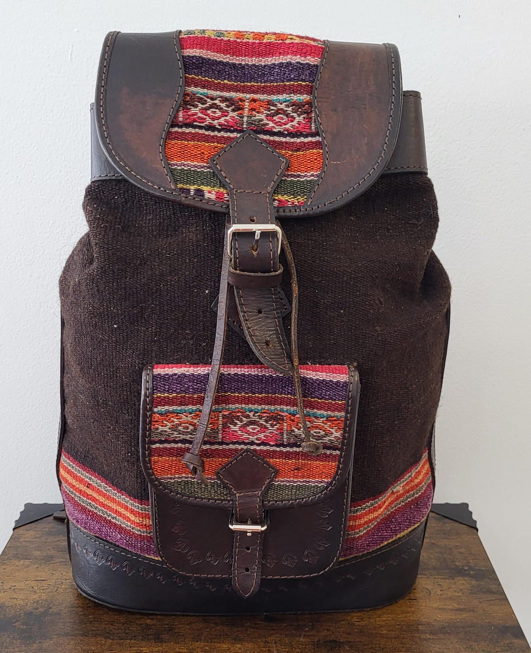 Textiles Backpack Ethical Leather and Textile Backpack / Vintage Boho Bag. Multicolored ...